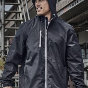 A unisex super light packable rain jacket in black, featuring a hood and zippered pocket, against a construction backdrop.