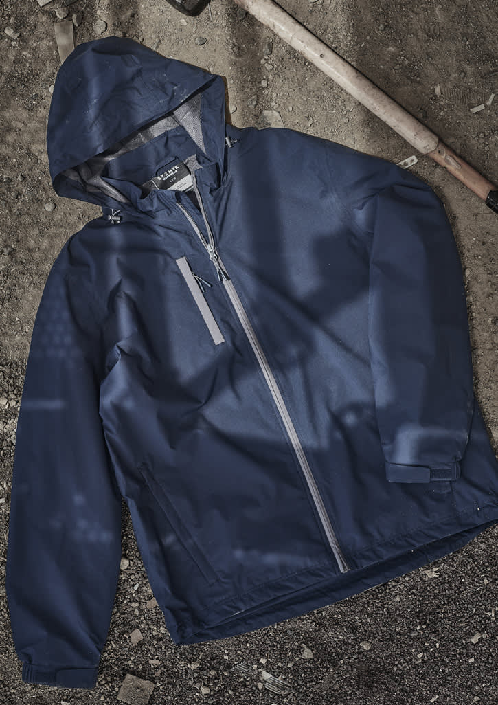 A navy unisex super light packable rain jacket with a hood, featuring a zip front and a logo.