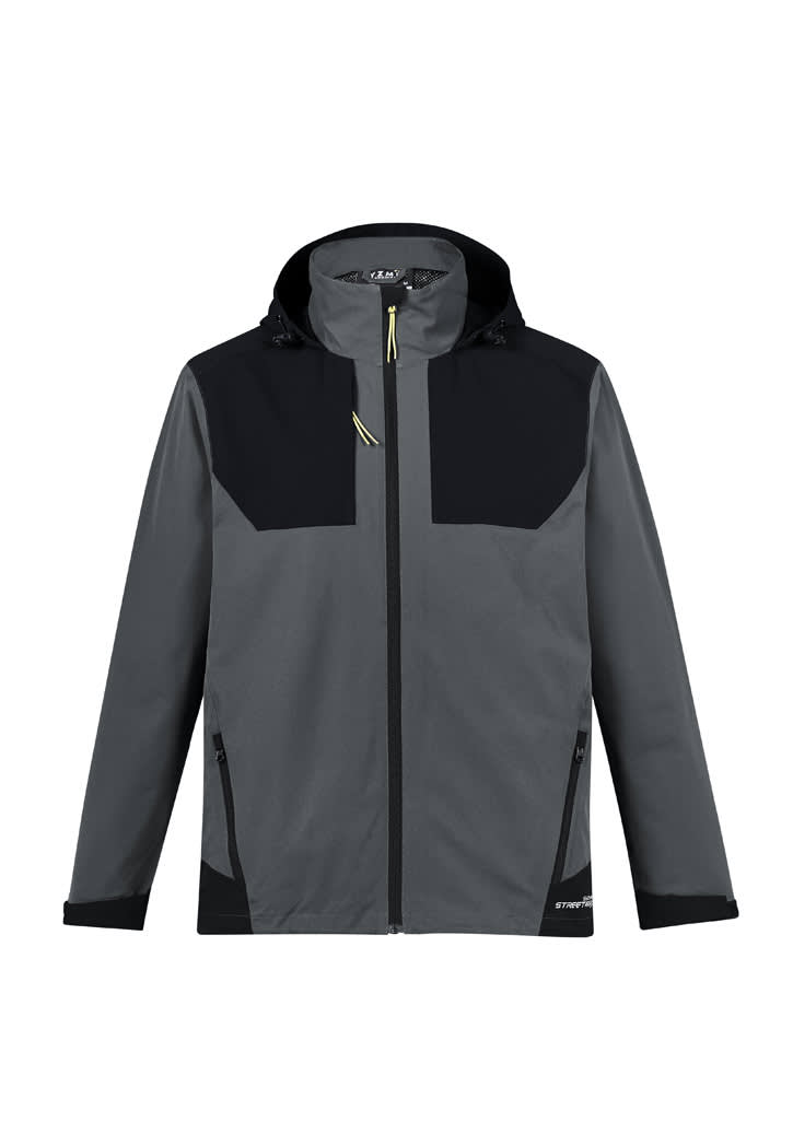 A waterproof jacket in grey with black accents, featuring a hood and zipper pockets. It has a logo on the front.