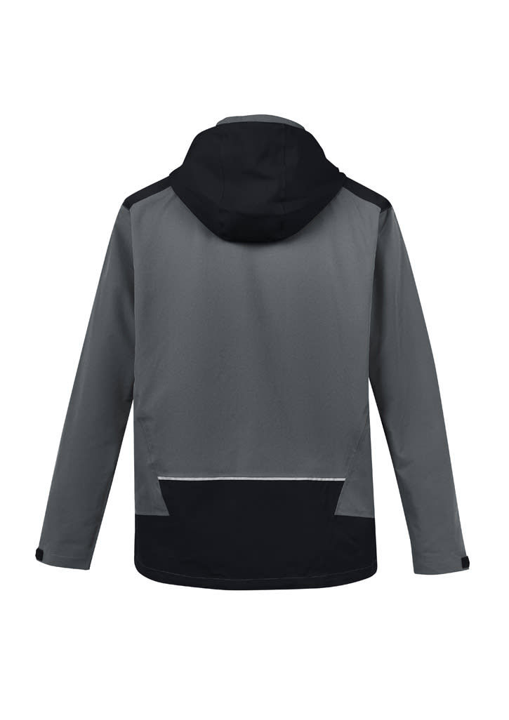 A grey and black unisex waterproof jacket with a hood, featuring a logo on the back.