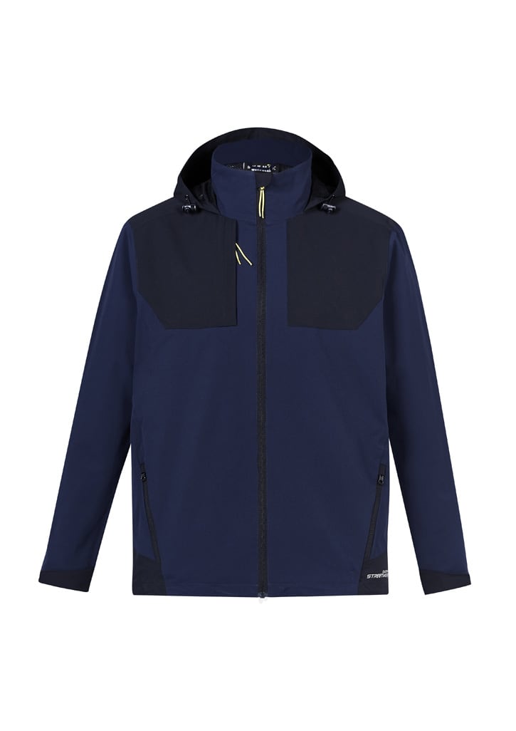 A unisex navy waterproof jacket featuring a hood, zip pockets, and a logo on the front.