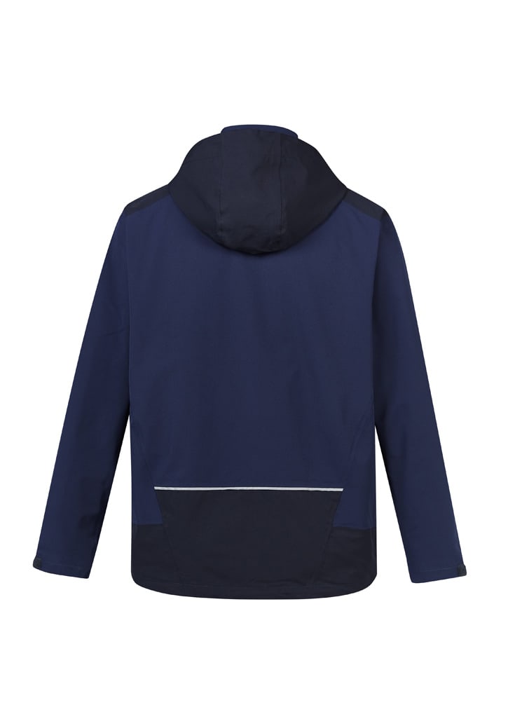 A navy blue unisex waterproof jacket featuring a hood and a back pocket, with contrasting black details.