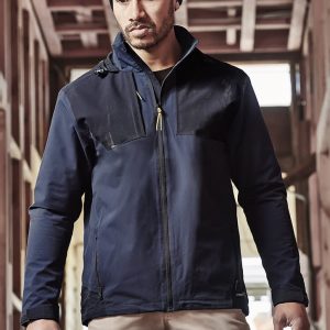 A navy unisex waterproof jacket with a zip front, featuring a logo and a fitted design.