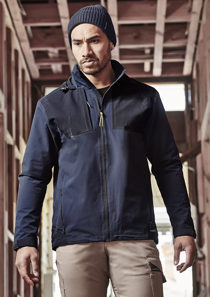 A navy unisex waterproof jacket with a zip front, featuring a logo and a fitted design.