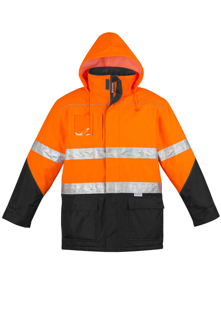 A men's hi vis storm jacket featuring bright orange and black colours, with reflective stripes and a hood.