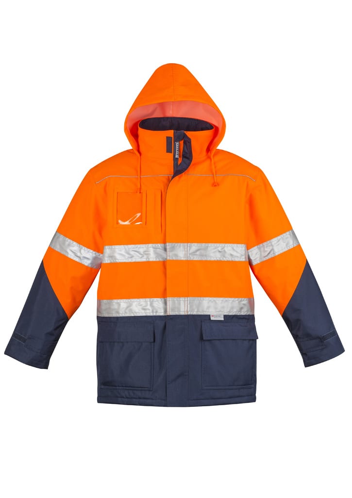 A high visibility storm jacket in orange and navy, featuring reflective stripes and a hood. Includes a logo.