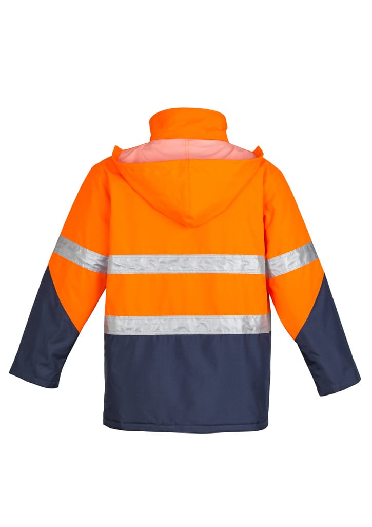 A Hi Vis storm jacket featuring bright orange fabric with reflective stripes and a navy lower section, complete with a hood.