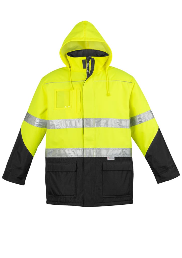 A hi-vis storm jacket in bright yellow with black accents and reflective stripes, featuring a hood and pockets.