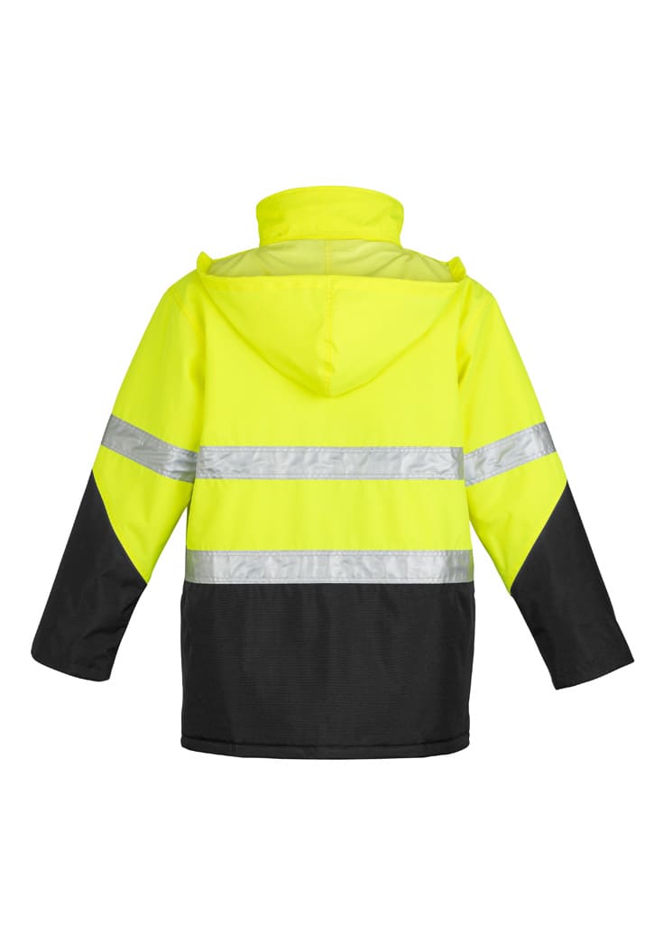 A bright yellow and black hi-vis storm jacket with reflective strips, featuring a hood and a branded logo.