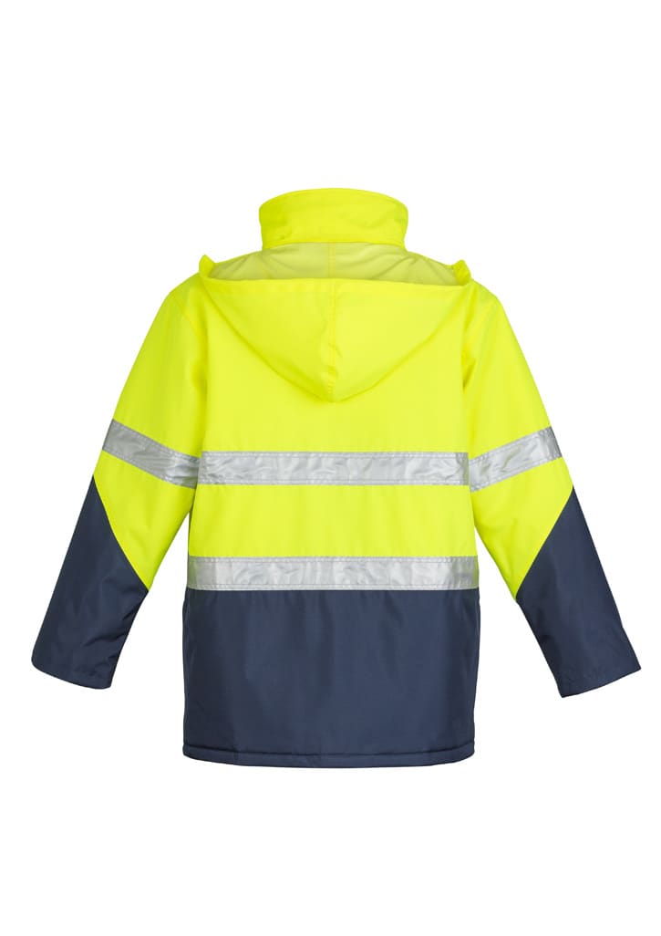 A hi-vis storm jacket featuring bright yellow and navy blue colours, with reflective stripes and a hood.