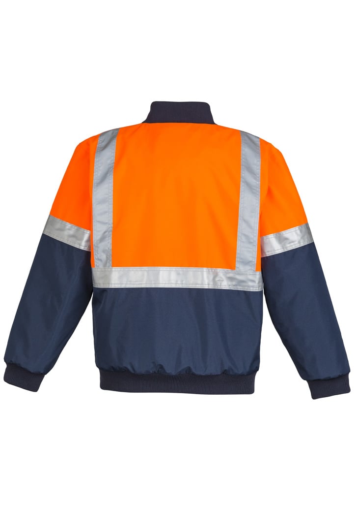 A high visibility quilted flying jacket in orange and navy blue, featuring reflective stripes and a branded logo.