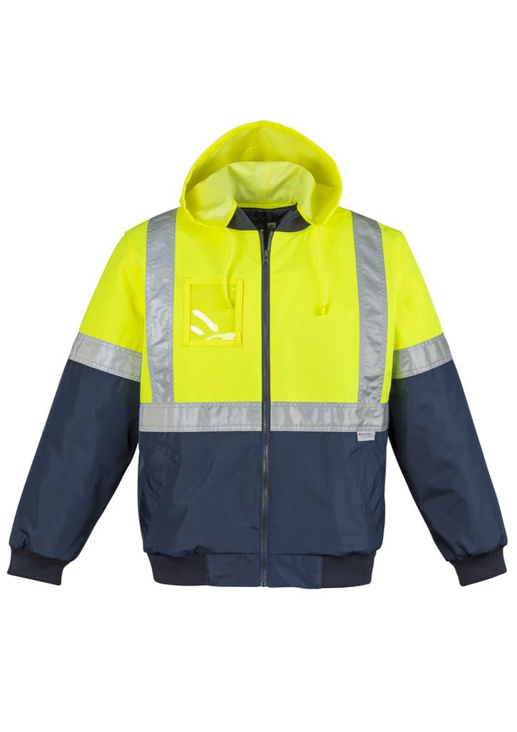 Hi-vis quilted flying jacket in fluorescent yellow and navy, featuring reflective strips and a hood. Includes branding.