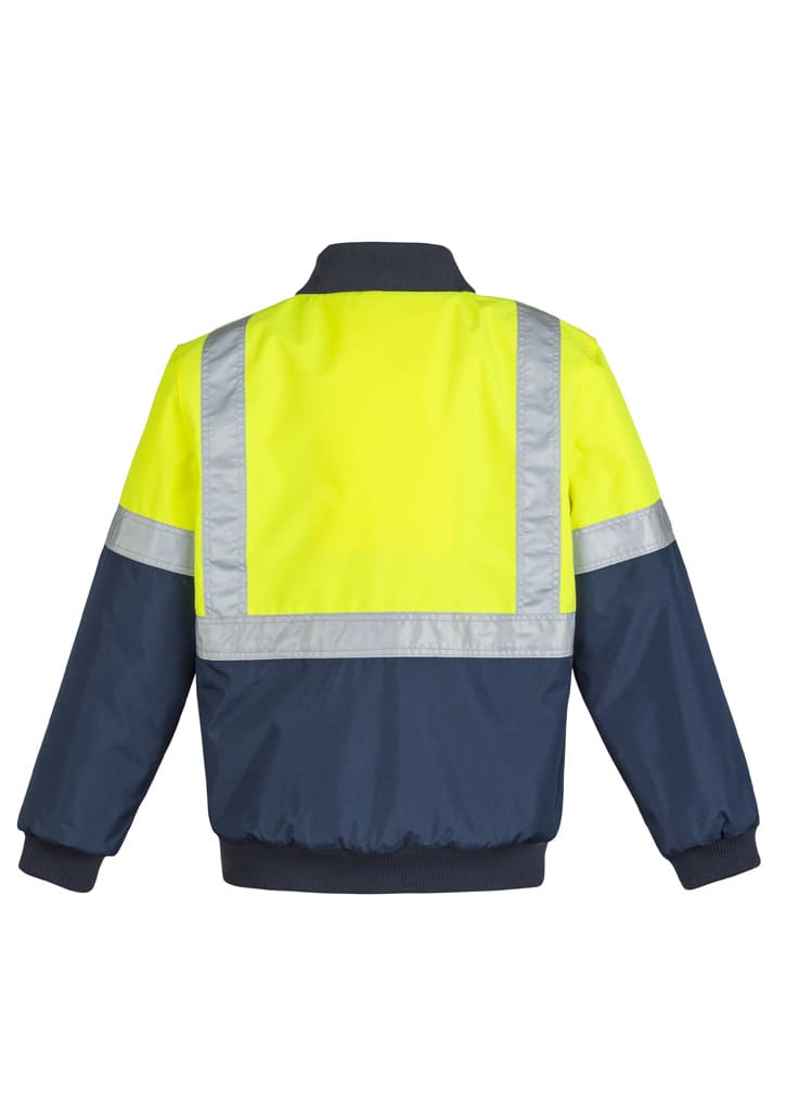 A high-visibility quilted flying jacket in yellow and navy, featuring reflective stripes, with a logo present.