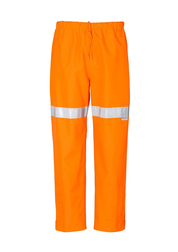 Hi-vis orange storm pants with reflective tape, featuring an elastic waistband and a sleek design, suitable for workwear.