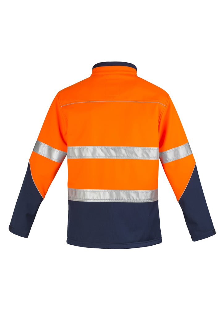 A unisex hi-vis softshell jacket in bright orange with reflective stripes and navy blue accents.