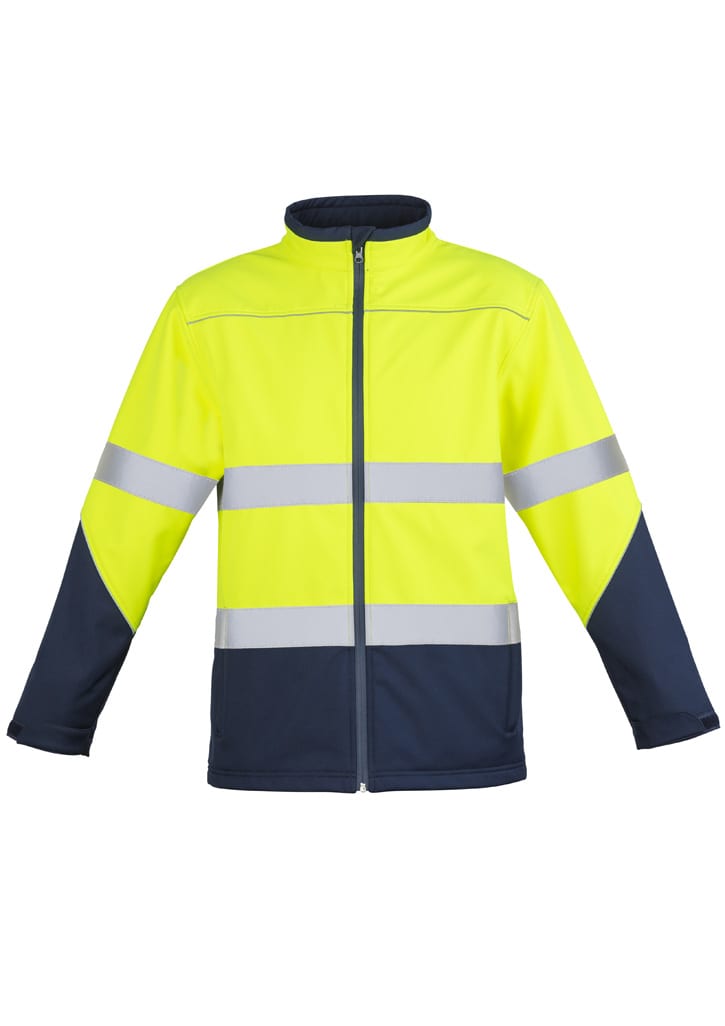 A unisex hi vis softshell jacket in bright yellow with navy blue sleeves and reflective stripes. It features a logo.