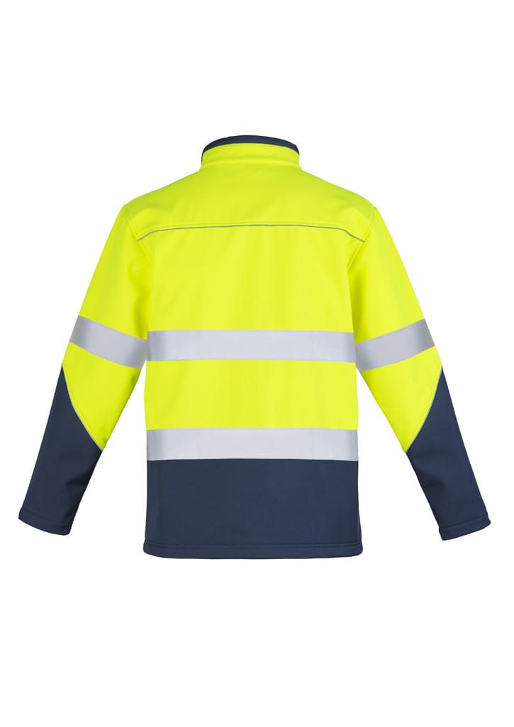 A bright yellow and navy unisex hi-vis softshell jacket featuring reflective stripes and a logo.