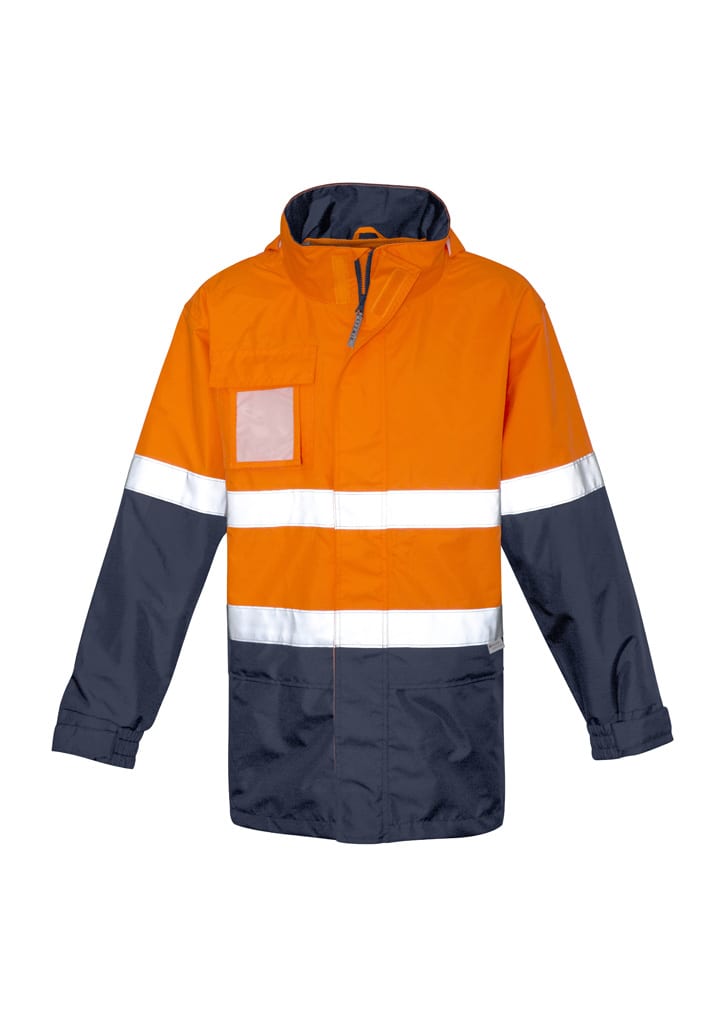 A waterproof jacket with hi-vis orange and navy blue colours, featuring reflective strips and a pocket.