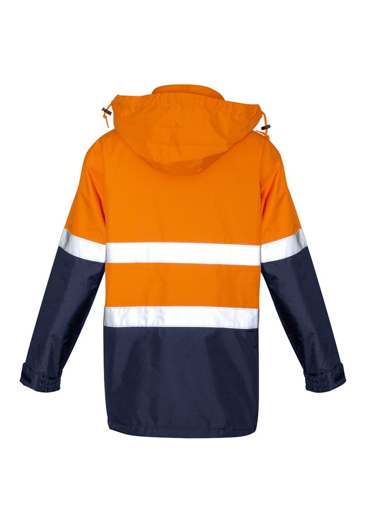 Hi-vis ultralite waterproof jacket in orange and navy with reflective stripes. Features a hood and is designed for workwear.
