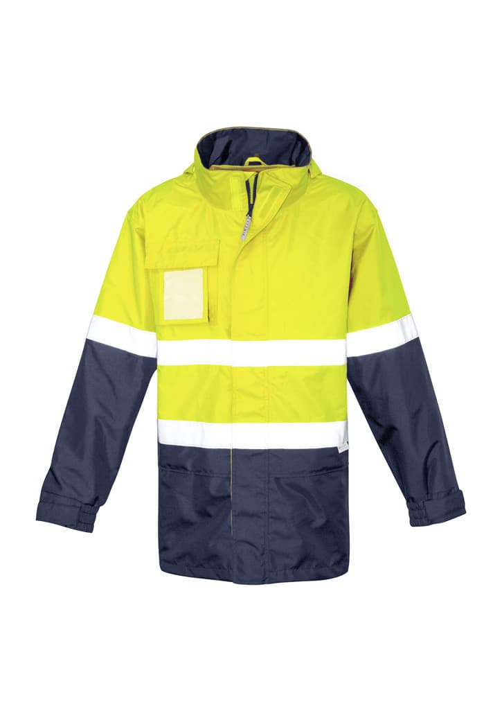 A men's hi-vis ultralite waterproof jacket featuring fluorescent yellow and navy blue colours with reflective stripes and a pocket.