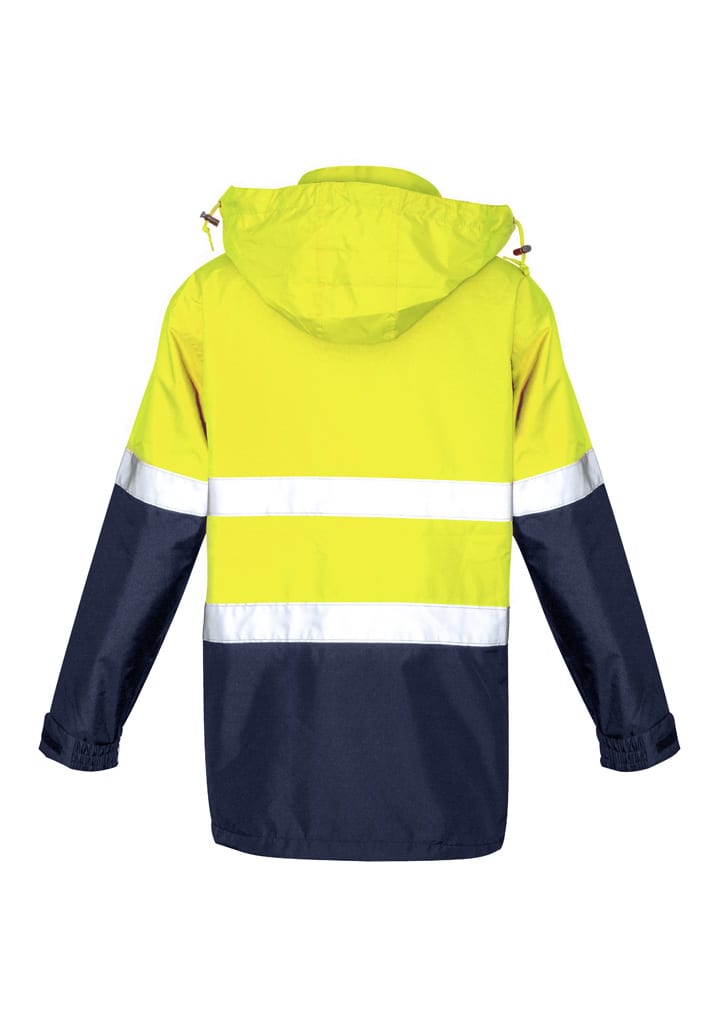 A waterproof jacket in bright yellow and navy, featuring reflective strips and a hood, with a logo displayed.