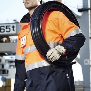 Men's hi-vis ultralite waterproof jacket in orange and navy, featuring reflective stripes and a logo. Model holds a coil of cable.