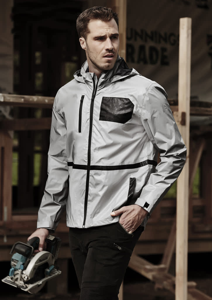 A reflective grey waterproof jacket with a black pocket, worn by a male model, showcasing a stylish and functional design.