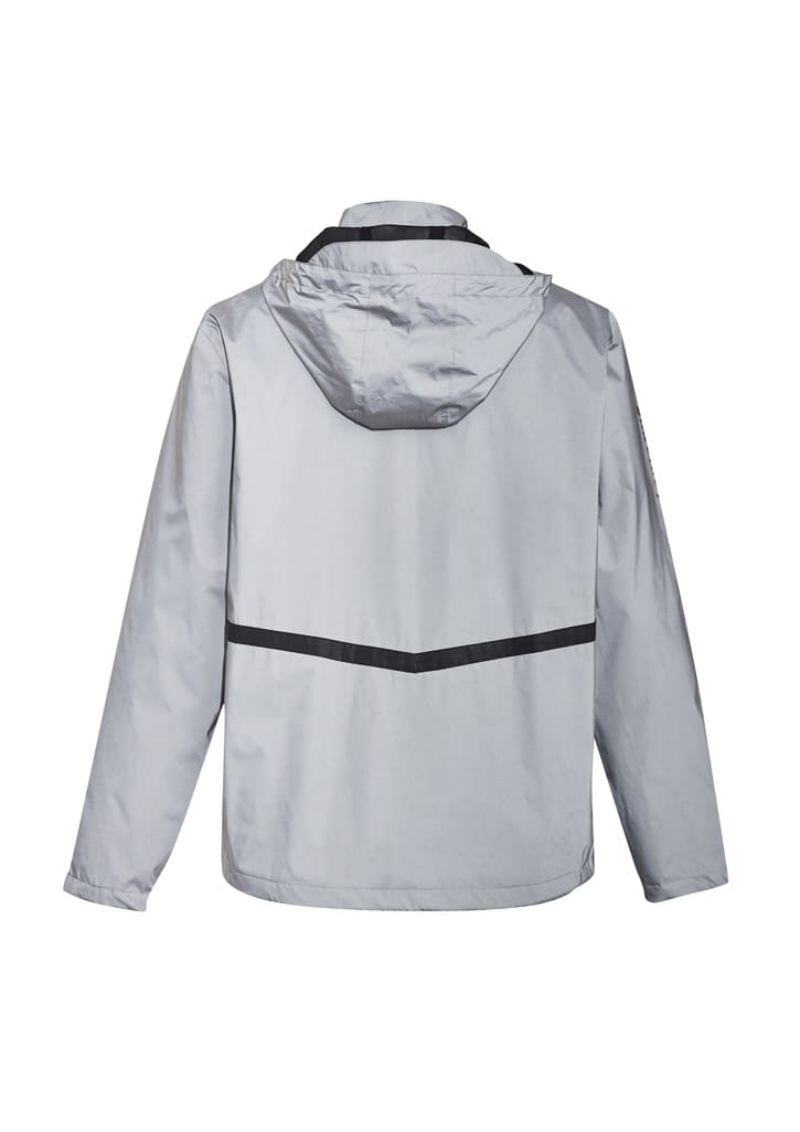 A grey unisex reflective waterproof jacket with a hood and black detailing on the back. Features a logo.