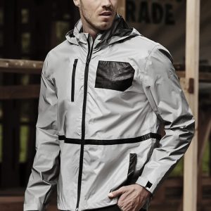 A reflective silver waterproof jacket with a black pocket and branding, featuring a hood and zippered front.
