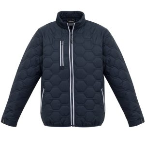 A unisex hexagonal puffer jacket in dark navy, featuring a zipped pocket and a logo on the front.