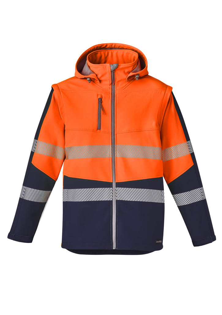 A unisex softshell jacket in orange and navy, featuring reflective stripes and a hood, with a zipped pocket.