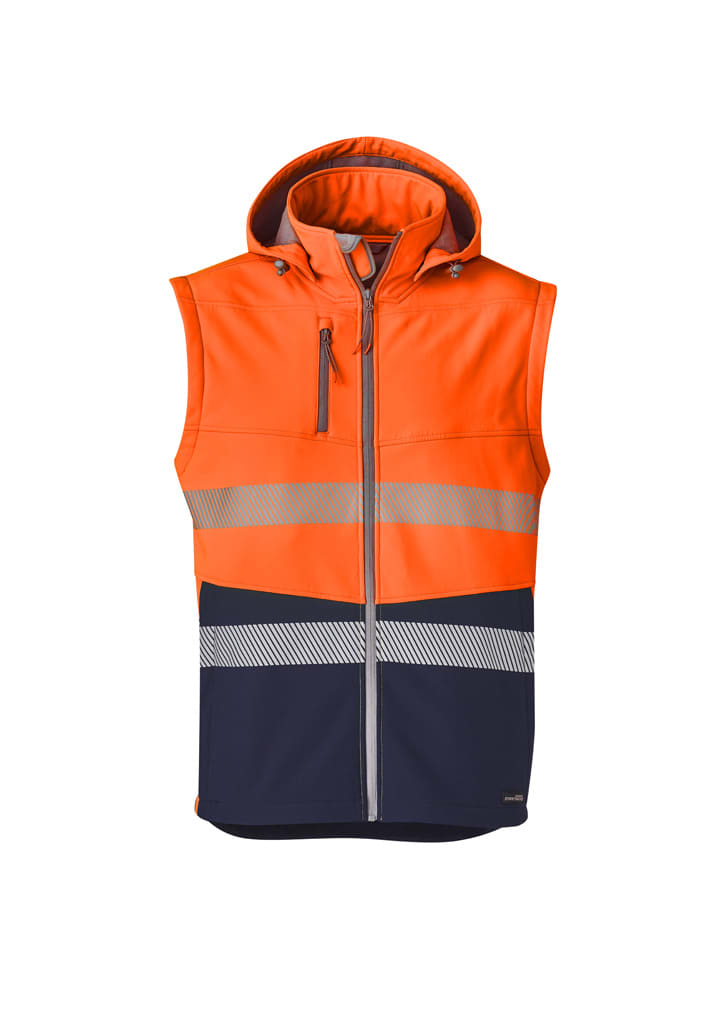 Unisex orange and navy softshell jacket with a hood and reflective strips, featuring a logo on the front.