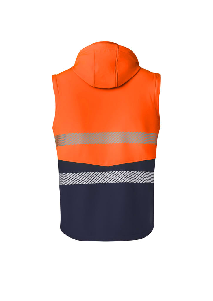 Unisex softshell jacket in bright orange and navy, featuring reflective stripes and a hood. Includes branding.