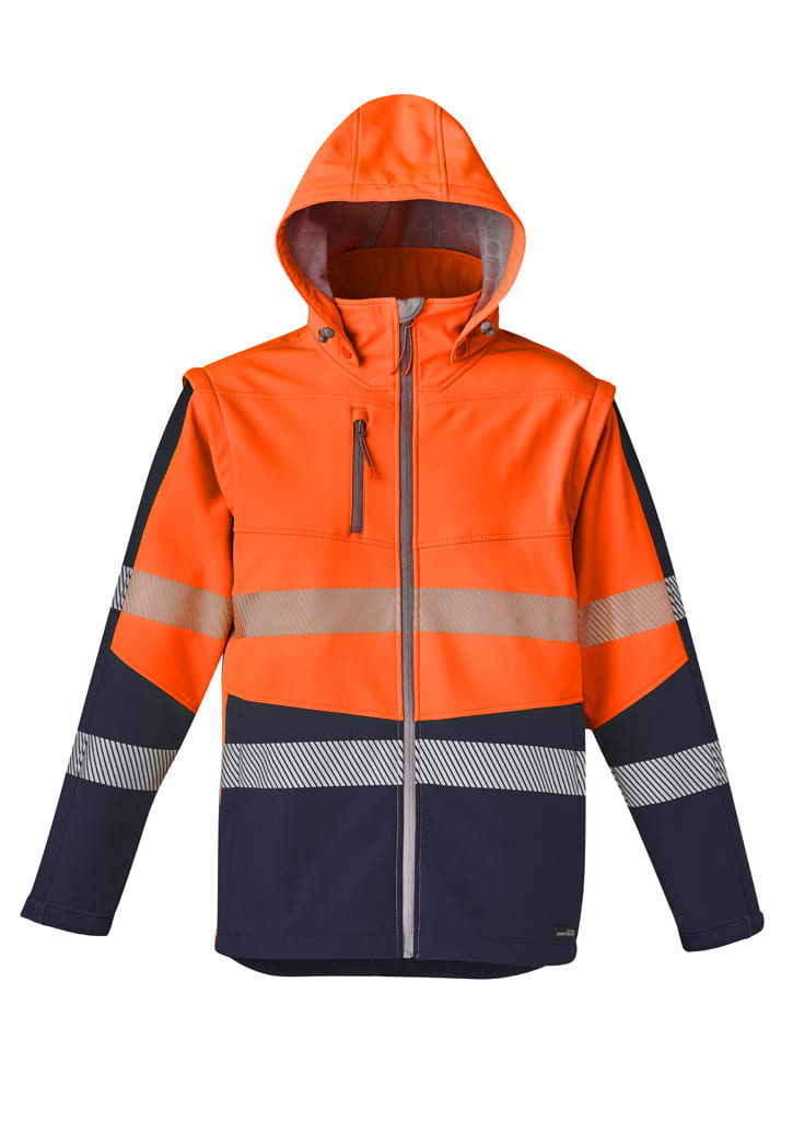 Unisex streetworx 2 in 1 stretch softshell jacket in orange and navy, featuring reflective stripes and a hood.