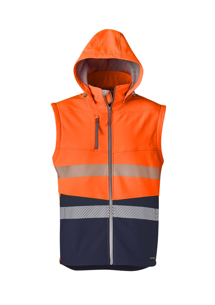 A bright orange and navy unisex softshell jacket with a zip and reflective stripes, featuring a hood.
