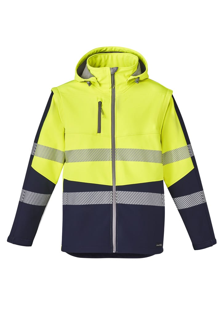 A unisex 2-in-1 stretch softshell jacket featuring a bright yellow and navy design, with reflective stripes and a hood.