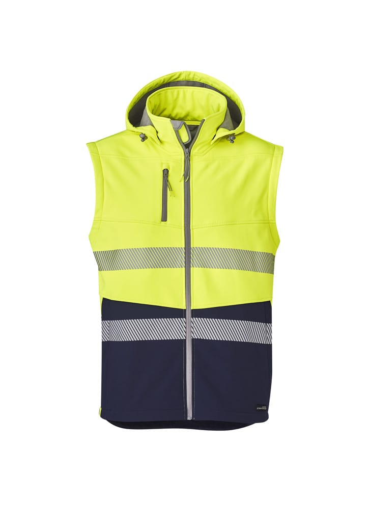 A bright yellow and navy unisex softshell jacket with a hood, featuring reflective stripes and a zippered front.