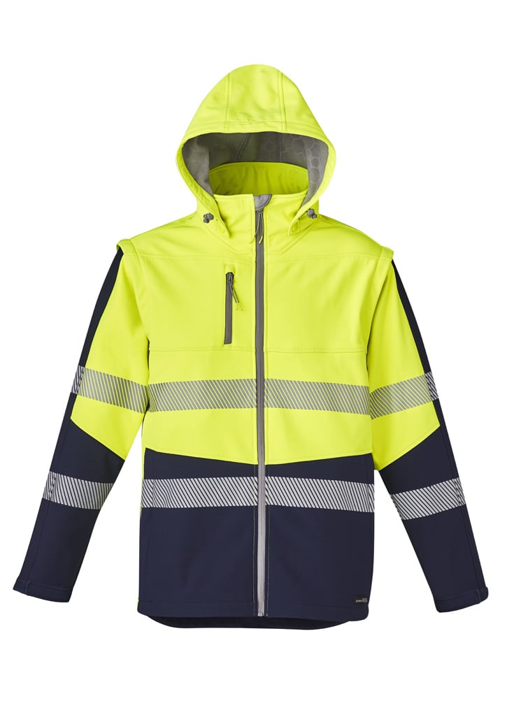 A bright yellow and navy unisex softshell jacket with reflective stripes and a hood. It features a zipper and a chest pocket.