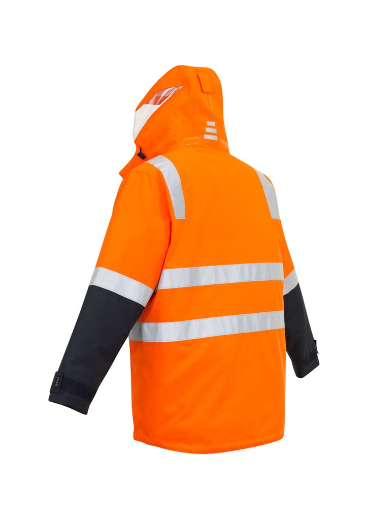 A waterproof men's hi-vis jacket in bright orange with reflective strips and a black lower section. It features a hood and branding.