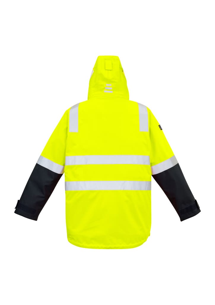 A bright yellow and black waterproof jacket with reflective strips, featuring a hood and long sleeves.