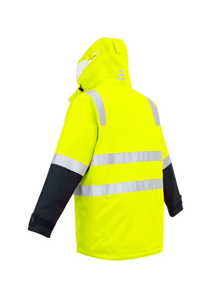 A high visibility yellow and black waterproof jacket with reflective stripes and an adjustable hood. Features a logo.