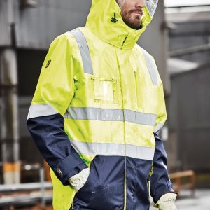A waterproof jacket in high visibility yellow and navy, featuring reflective strips and a hood. It has a logo.