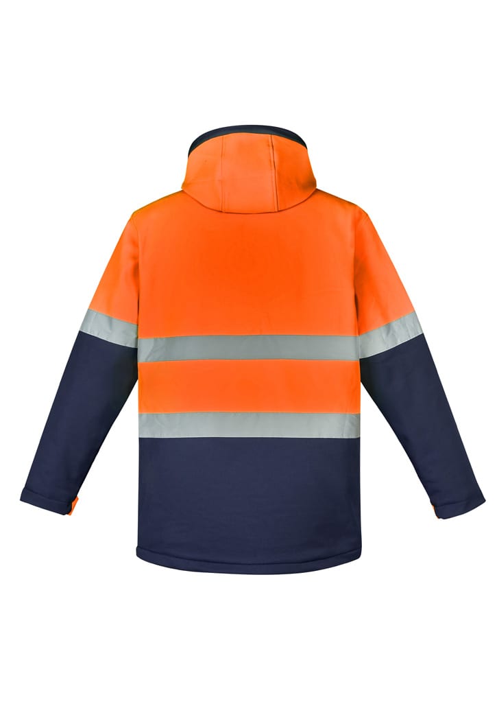 A unisex hi-vis softshell jacket in orange and navy, featuring reflective stripes and a hood. Contains a logo.