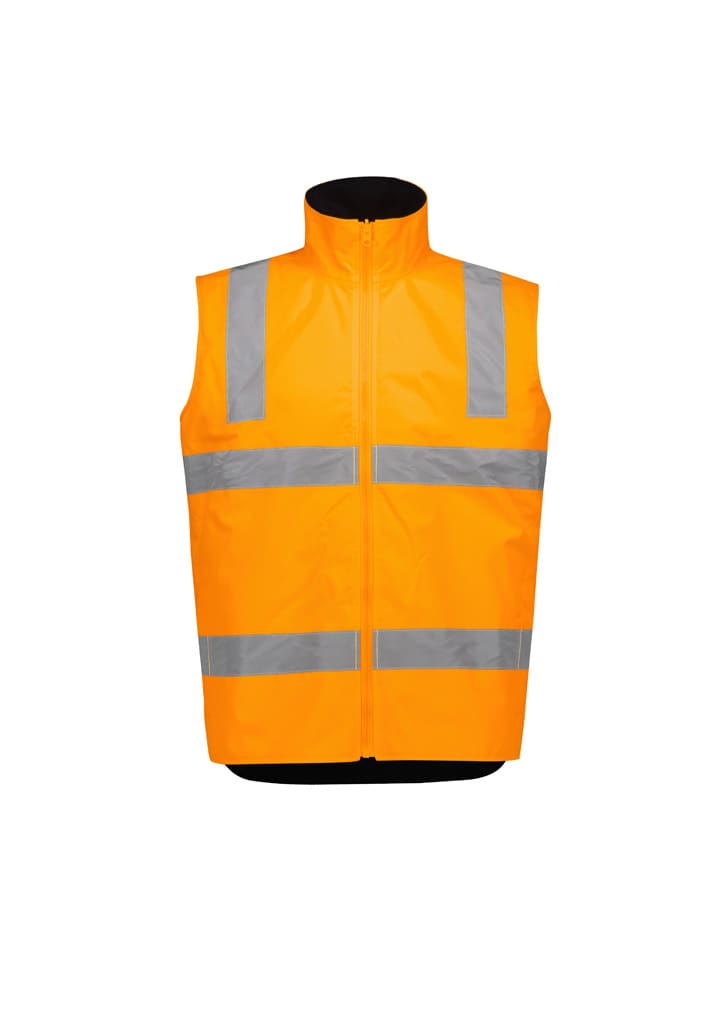 A bright orange waterproof jacket featuring reflective stripes, designed for visibility and safety in workwear.