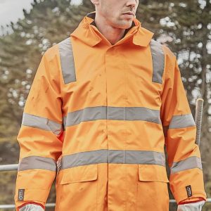 A waterproof unisex jacket in bright orange with reflective strips, designed for workwear, featuring a logo.