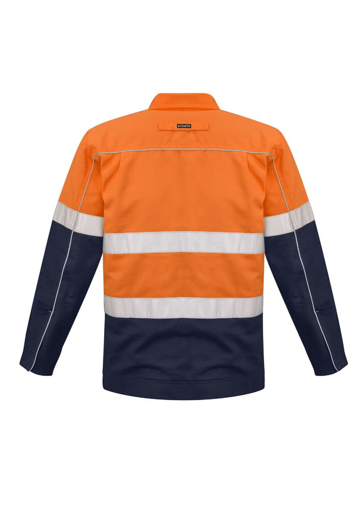 Hi-vis cotton drill jacket in orange and navy, featuring reflective stripes and a logo on the back.