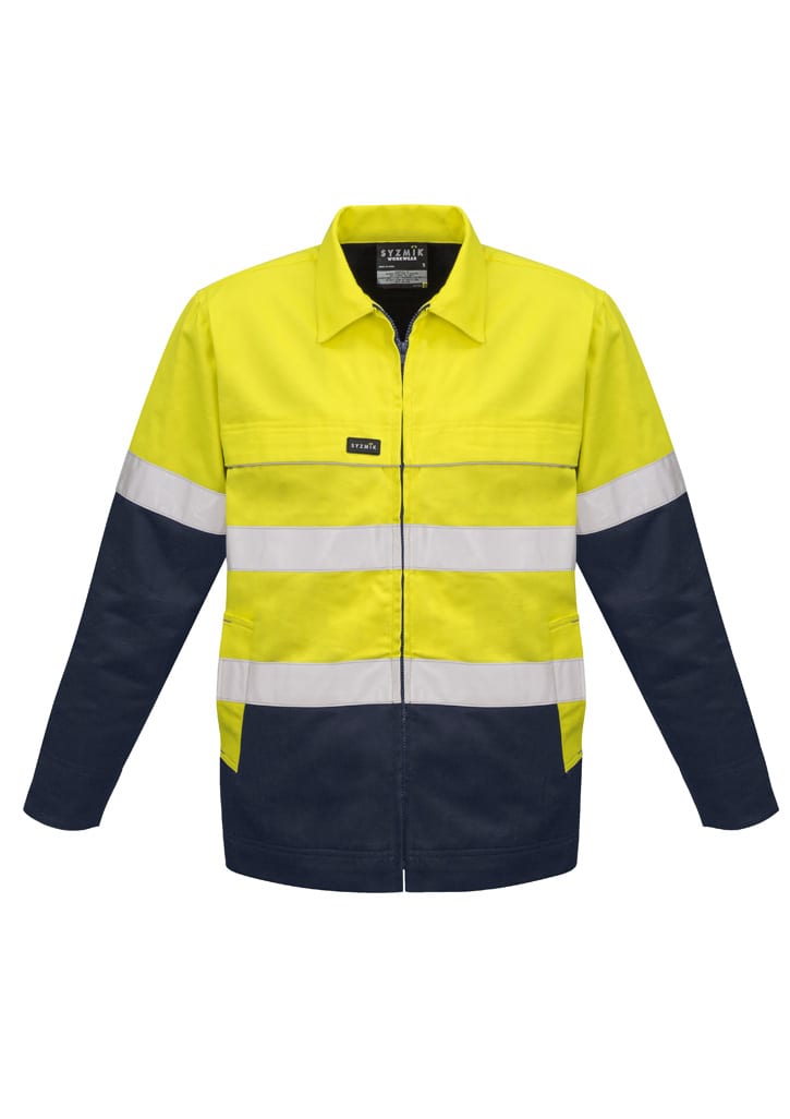 A hi-vis cotton drill jacket in bright yellow and navy, featuring reflective strips and a logo.