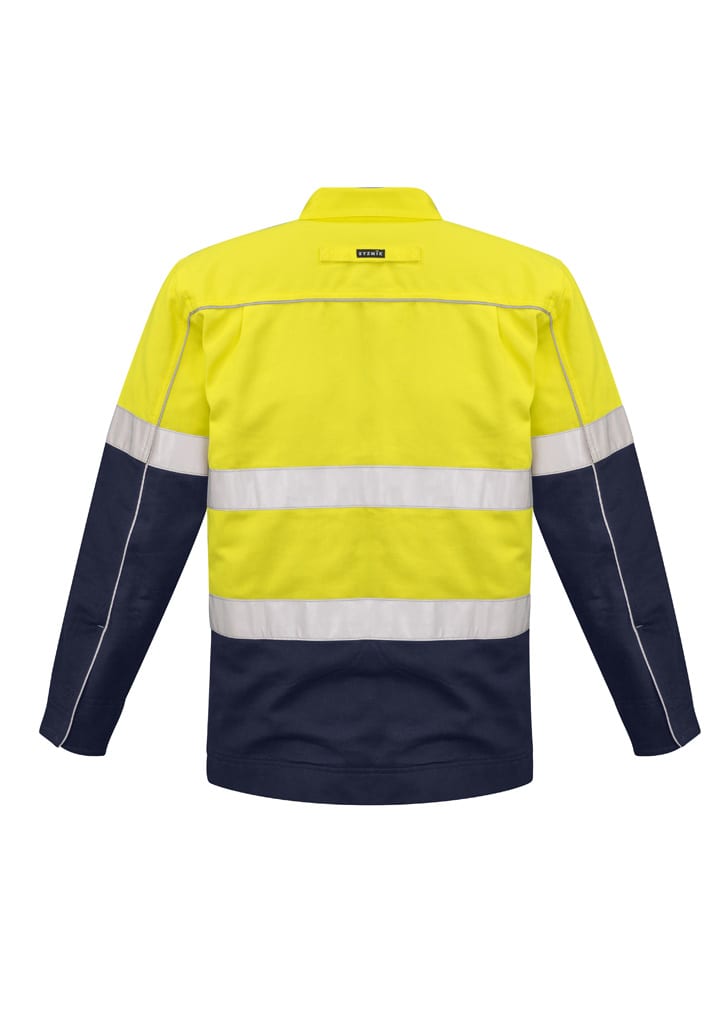 A high visibility cotton drill jacket in fluorescent yellow with navy sleeves and reflective stripes. Features branding on the back.
