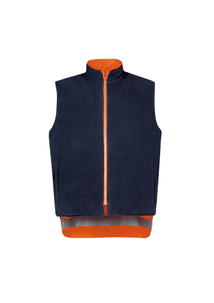 A waterproof jacket featuring a navy exterior with an orange interior, designed for workwear. Includes a logo.