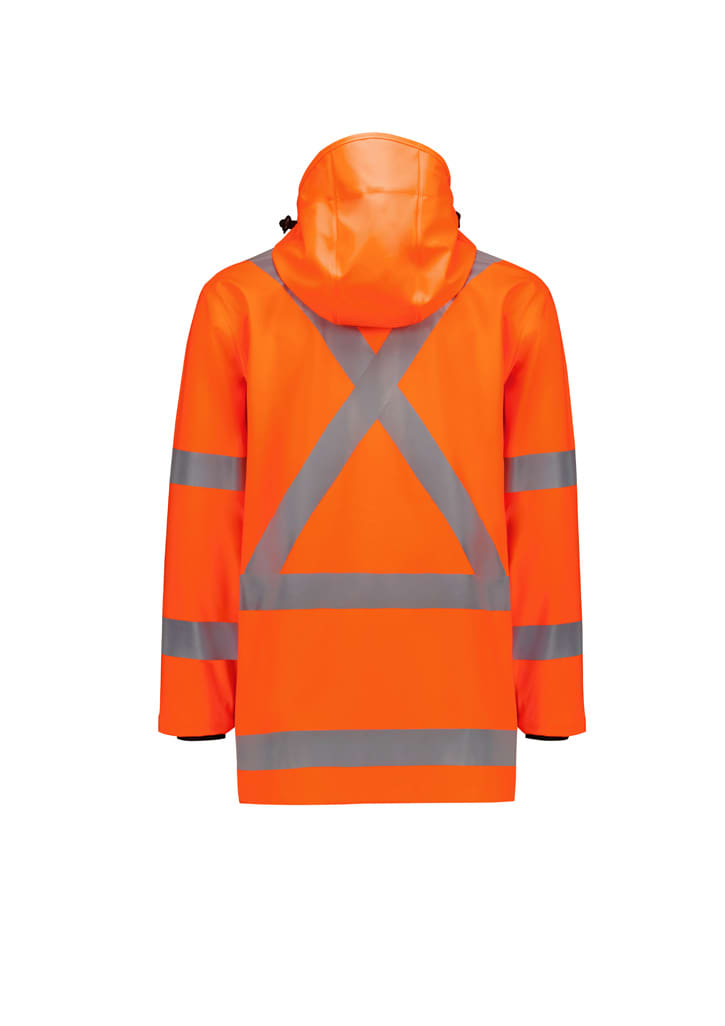 A men’s heavy-duty waterproof jacket in bright orange with reflective stripes and a hood, featuring a logo.